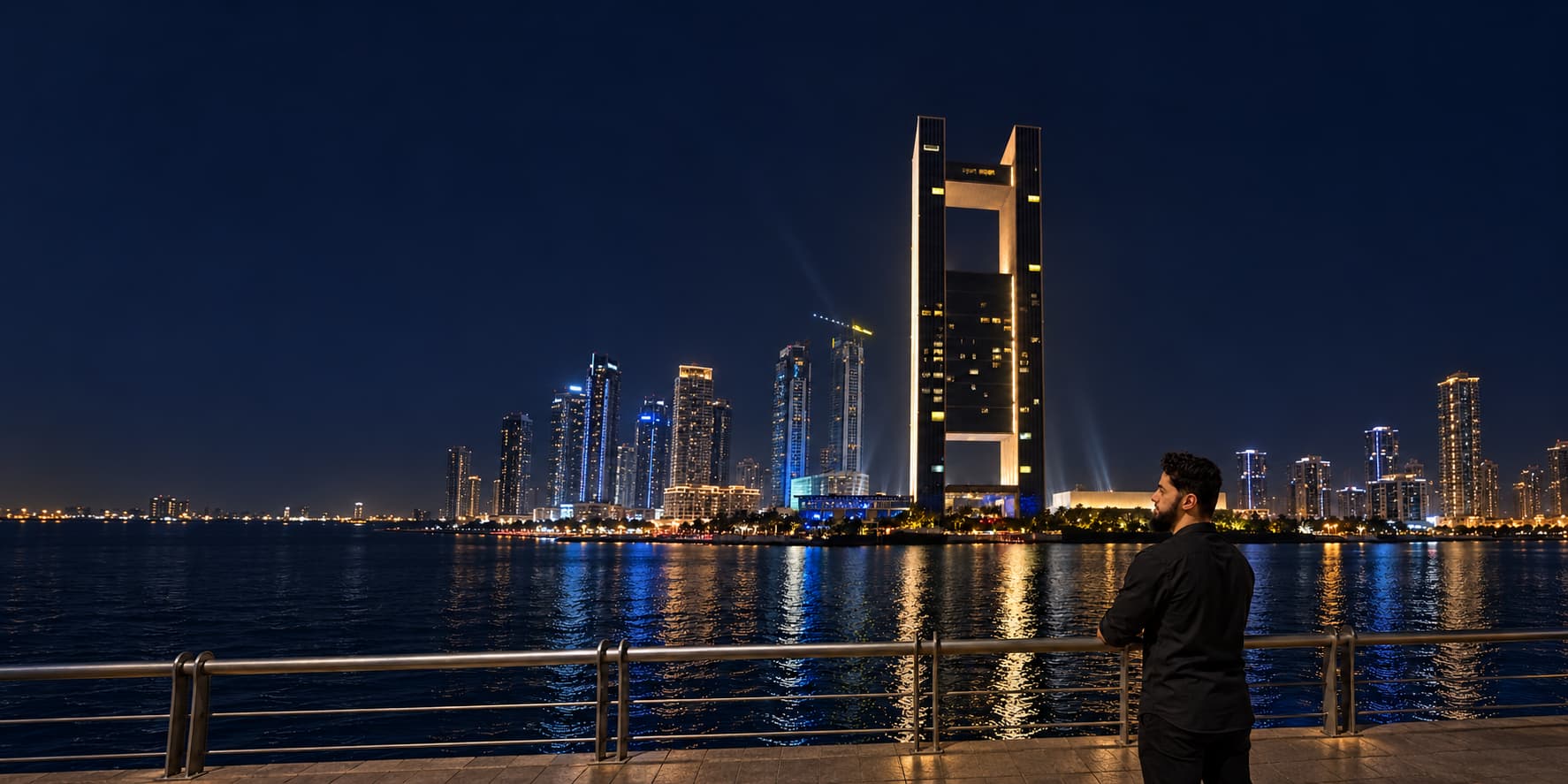 Zaid Aslam, licensed P&C insurance professional and front-end web developer, standing by the water at night with a city skyline behind him